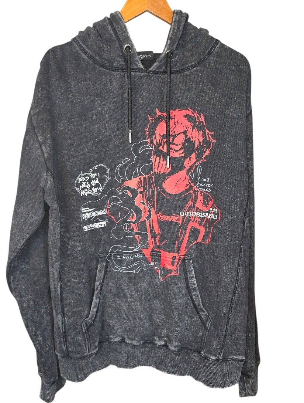 Authentic Corpse Husband "Miss You" Limited Edition Hoodie Black Acid Wash Med.